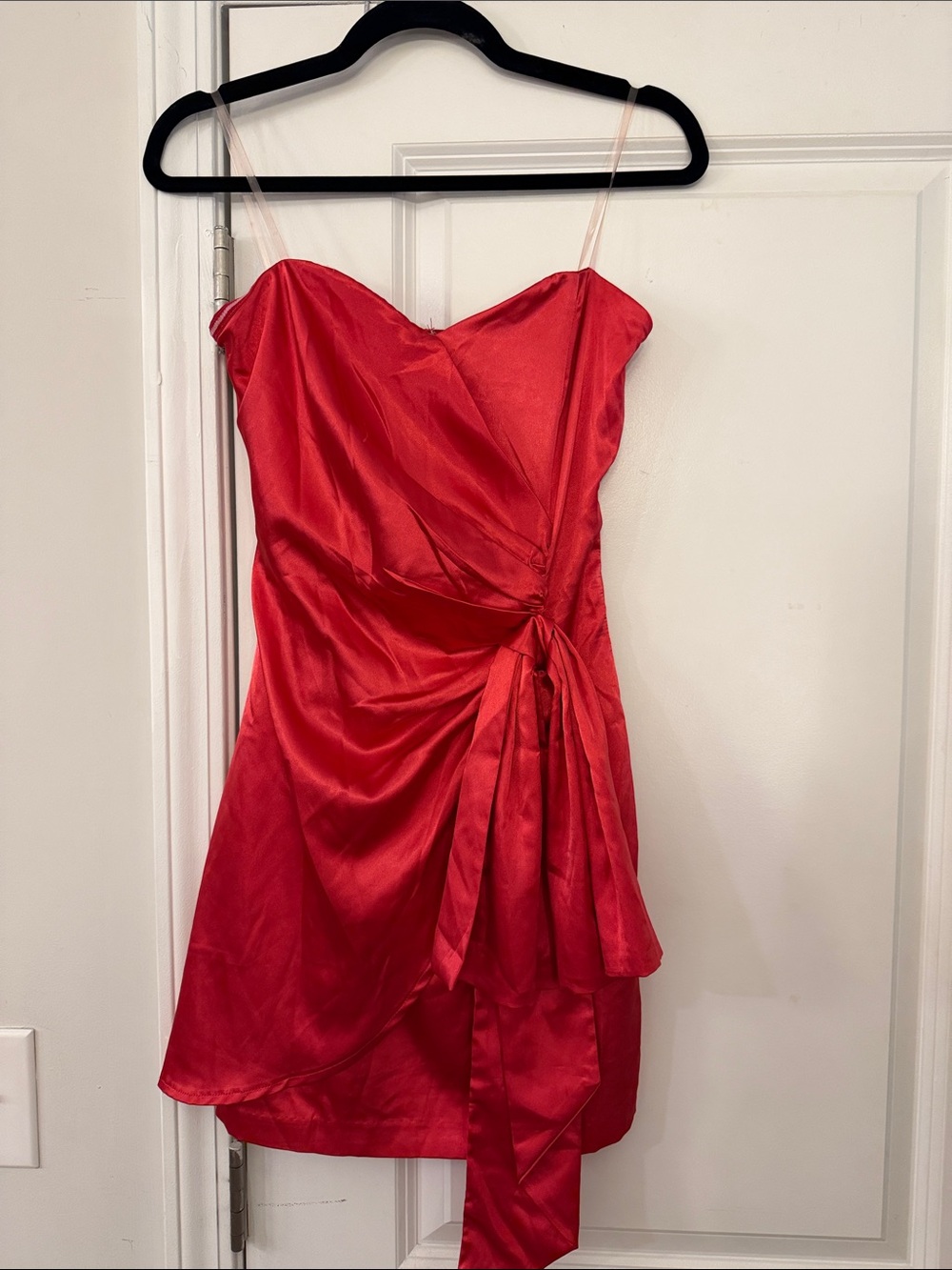 DO+BE Red Satin Strapless Mini Dress with Side Tie